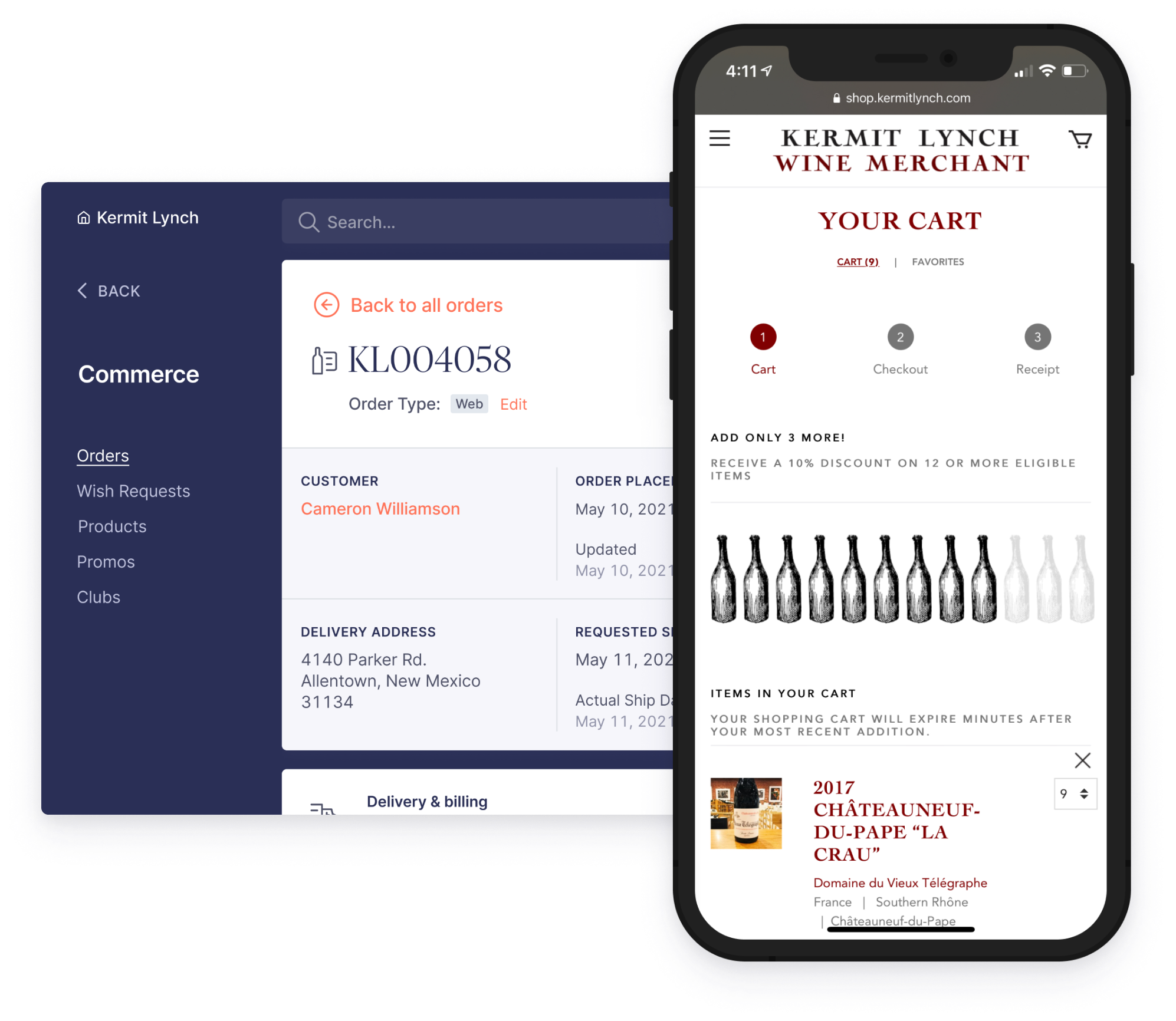 Figure Web App Orders page and iPhone screenshoot of Kermit Lynch web store cart